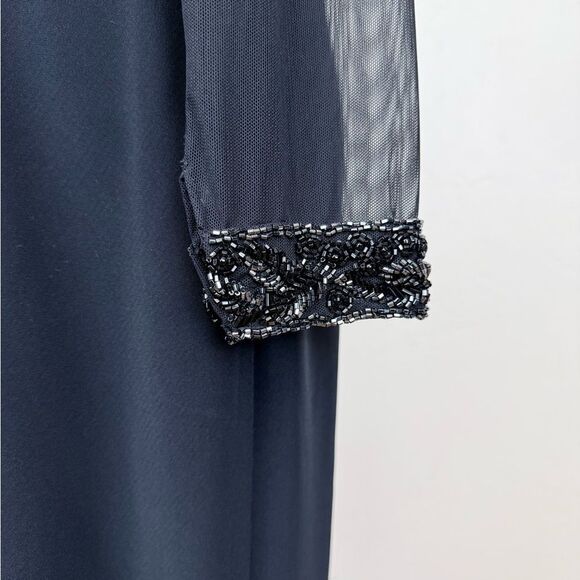 Vintage Black Tie Oleg Cassini Dress w/ Sheer Long Sleeves Beaded Detail Maxi - Picture 9 of 16